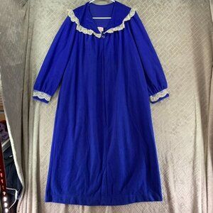 Valetta Nightgown Womens Medium Blue Fleece Long Lace Ruffle Granny Vintage 80s